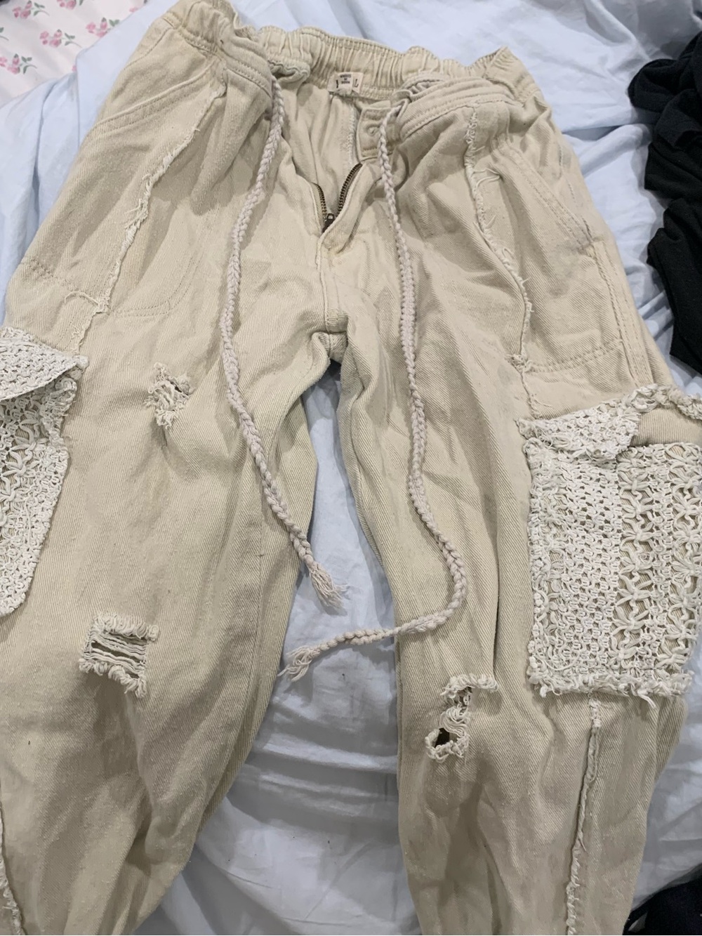 POL Cream Crochet-Panel Cargo Jumpsuit Pants
